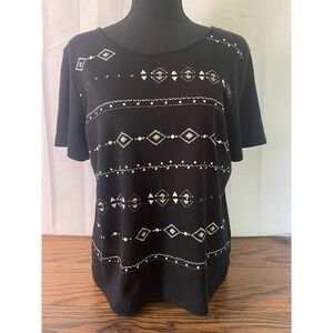 ALFRED DUNNER‎ Women's Petite M Black Boho Goth Aztec Geo Top Whimsical Festival